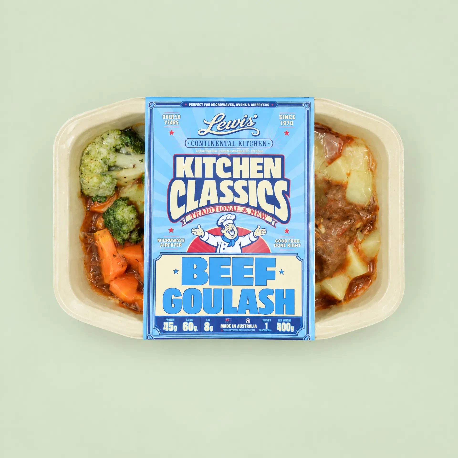 Beef Goulash & Potato served on a plate with broccoli and carrots